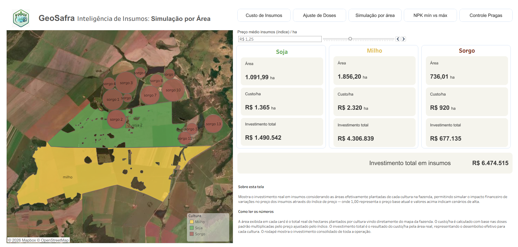Imagem de satélite da fazenda com simulação de investimento por área no GeoSafra